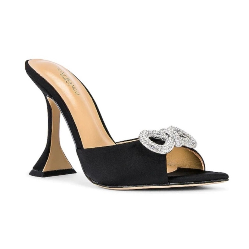 Tony Bianco Montana Mule Black Satin Open Pointed Toe Crystal Bow size 5